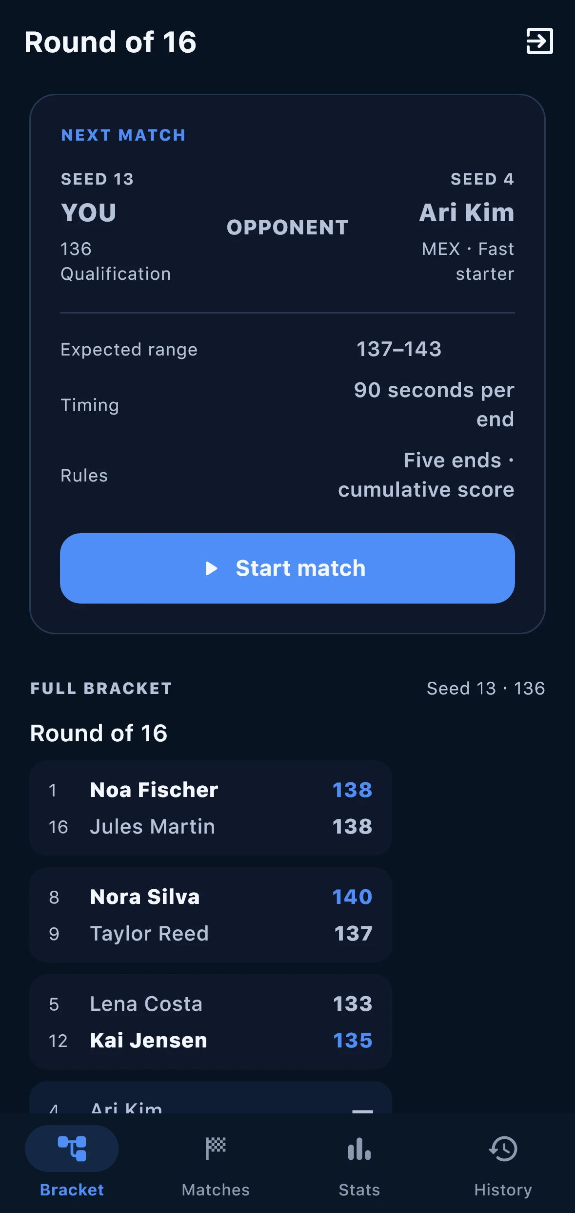 ArcherSense simulated tournament bracket with sample data
