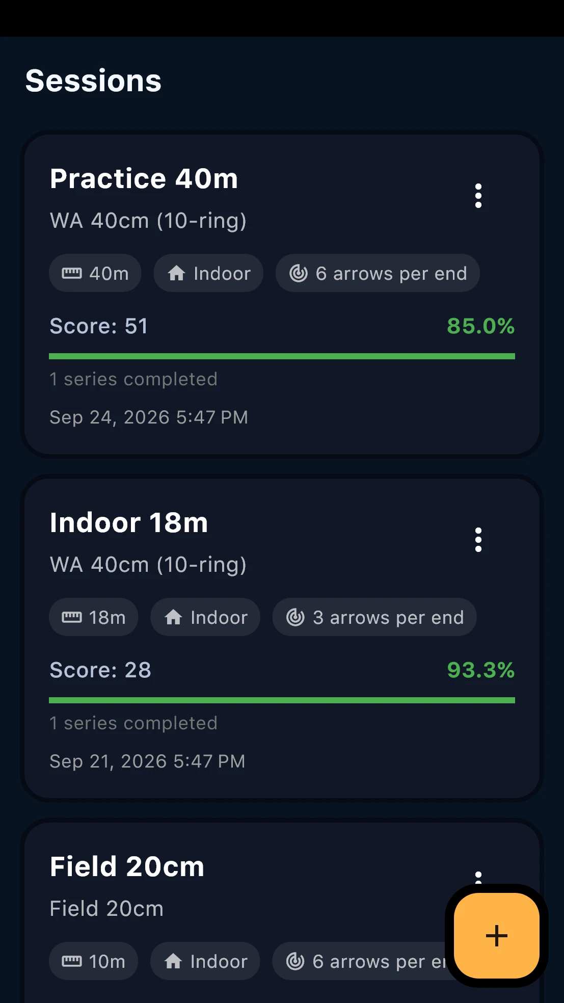 ArcherSense session history with sample data