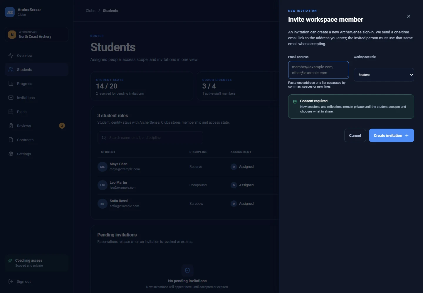 ArcherSense Clubs invitation form with role and access information