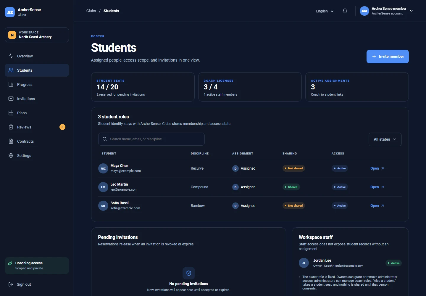 ArcherSense Clubs student roster and coach assignments